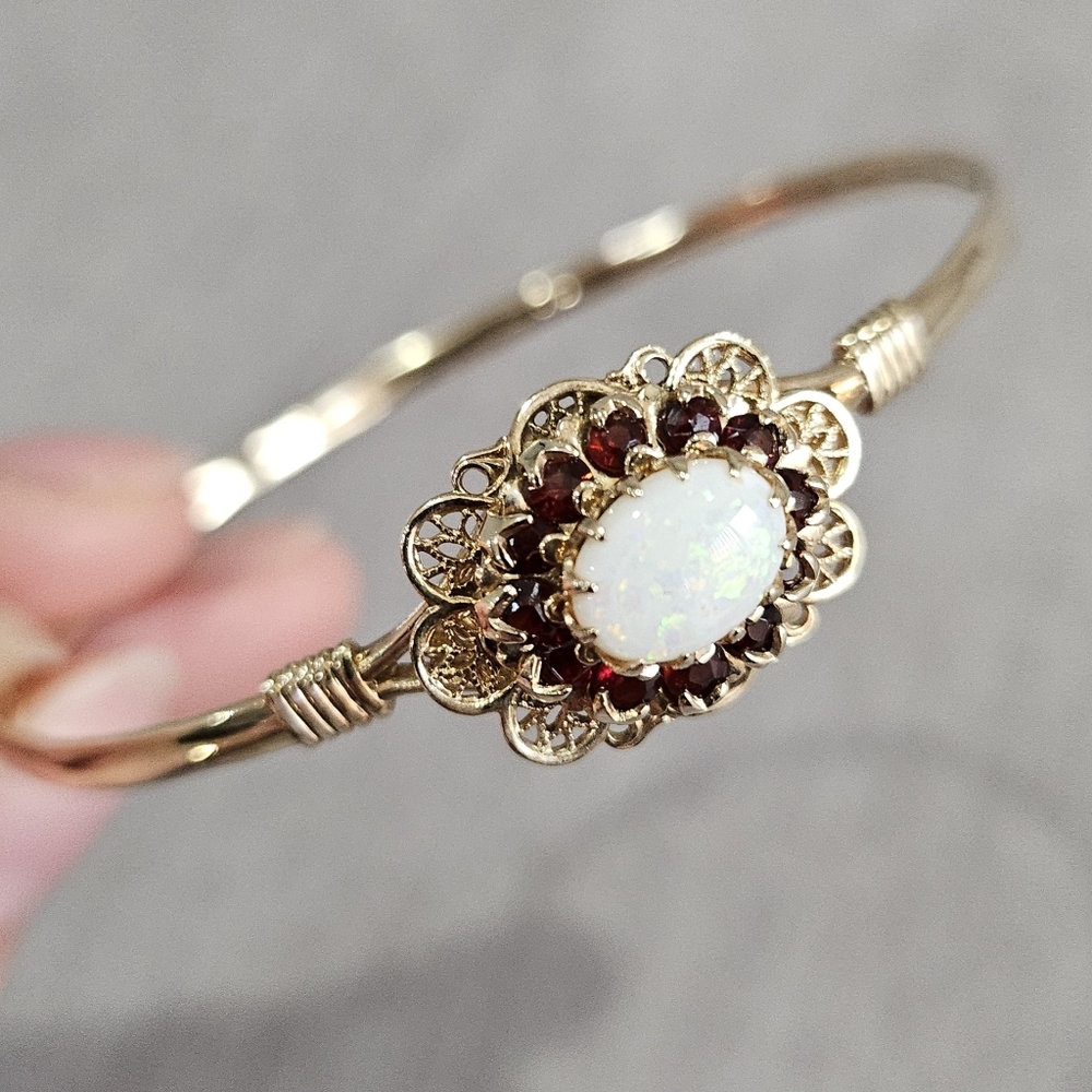 10K Gold Vintage Garnet and Opal Bangle Bracelet